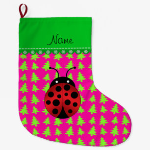Personalised name ladybug pink green trees large christmas stocking