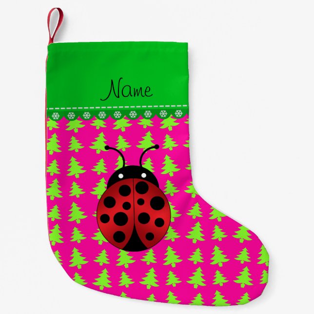 Personalised name ladybug pink green trees small christmas stocking (Front)
