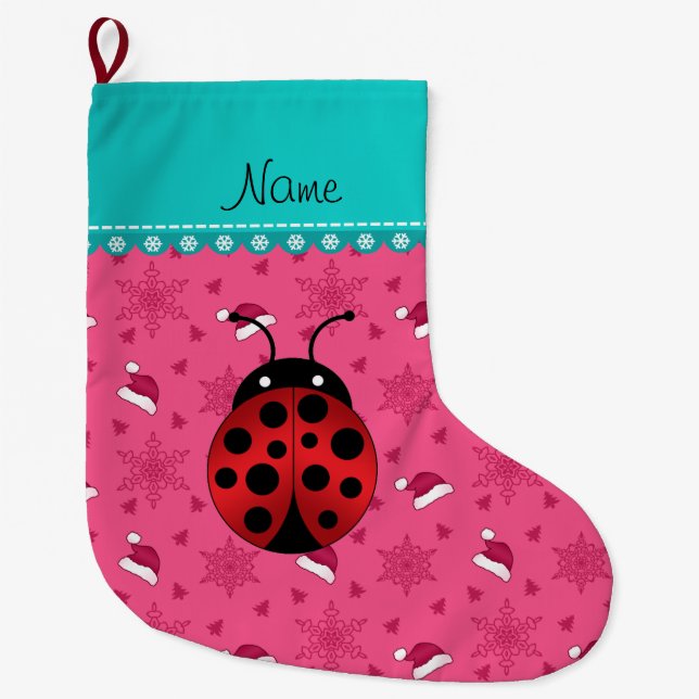 Personalised name ladybug pink santa hats large christmas stocking (Front)