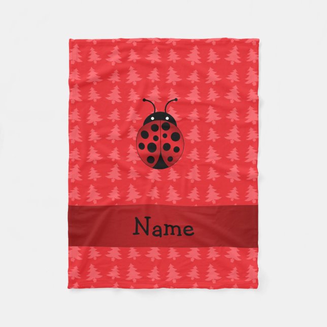 Personalised name ladybug red christmas trees fleece blanket (Front)