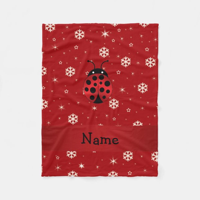 Personalised name ladybug red snowflakes fleece blanket (Front)