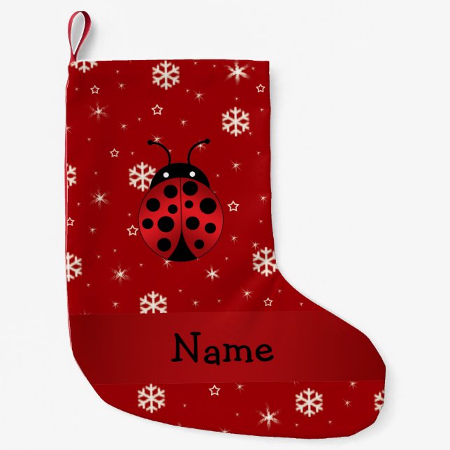 Personalised name ladybug red snowflakes small christmas stocking (Front)