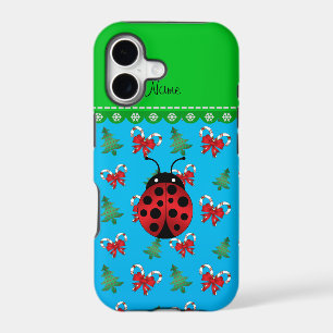 Personalised name ladybug sky blue candy canes bow