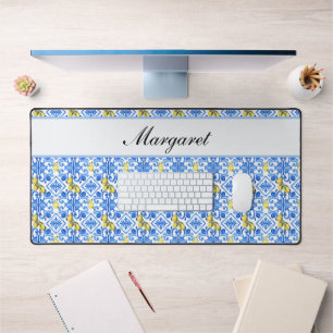 Personalised Name Lemon Azulejo Blue Tile Pattern Desk Mat