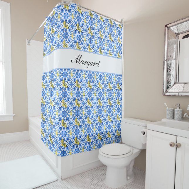 Personalised Name Lemon Azulejo Blue Tile Pattern Shower Curtain (In Situ)