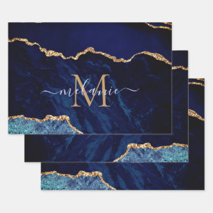 Personalised Name Letter Navy Blue Gold Marble Wrapping Paper Sheet