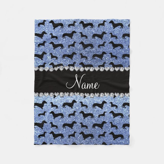 Personalised name light blue glitter dachshunds fleece blanket (Front)
