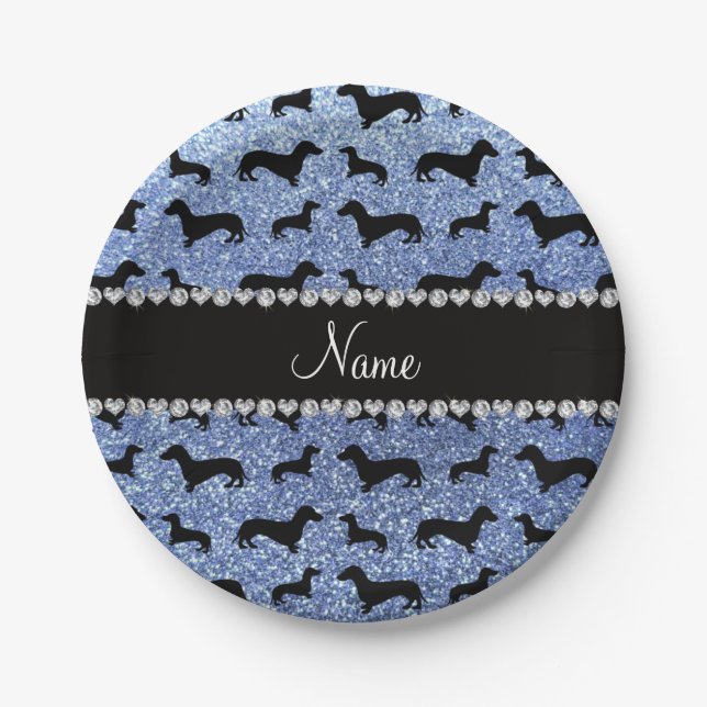 Personalised name light blue glitter dachshunds paper plate (Front)