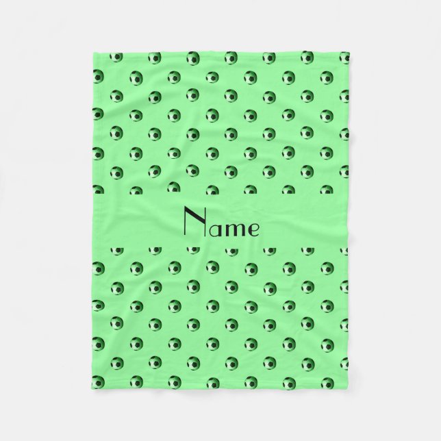 Personalised name light green soccer balls fleece blanket (Front)