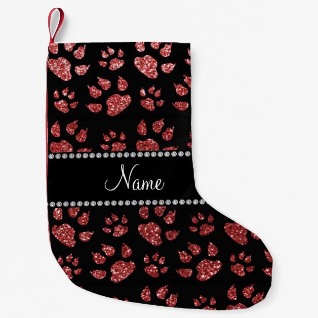 Personalised name light red glitter cat paws small christmas stocking (Front)