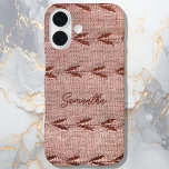 Personalised Name Linen Toile Powder Pink Stripes iPhone 16 Case<br><div class="desc">Personalised customised iPhone case with a name for example, in handwritten calligraphy script. Linen toile aspect, look for the background, inspired from one of my real embroidered textile art. Please note that here is only printed embroidery. Unique, artsy, aesthetic cool stylish cloth aspect with rose gold embroidered stripes with leaves...</div>