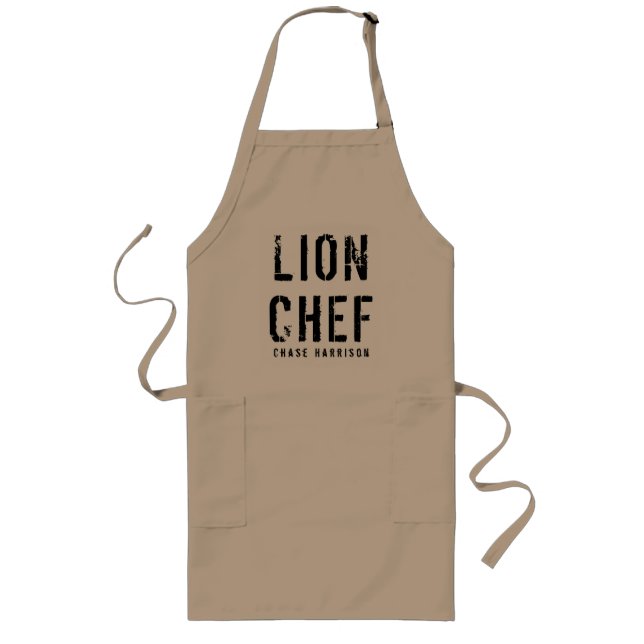 Personalised Name Lion Chef Black & Khaki Long Apron (Front)