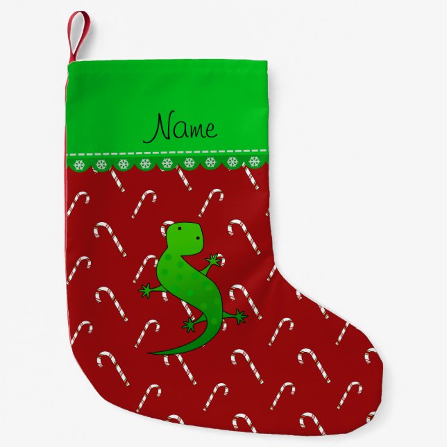 Personalised name lizard red candy canes small christmas stocking (Front)