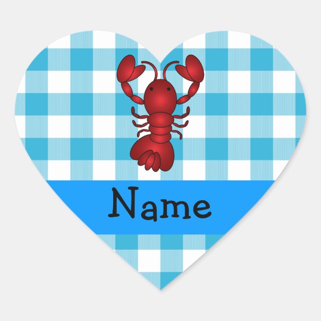 Personalised name lobster blue gingham pattern heart sticker (Front)