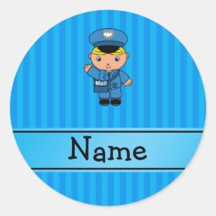 Personalised name mailman blue stripes classic round sticker