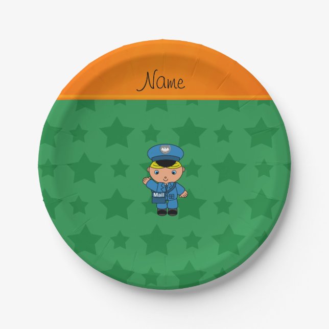 Personalised name mailman green stars paper plate (Front)