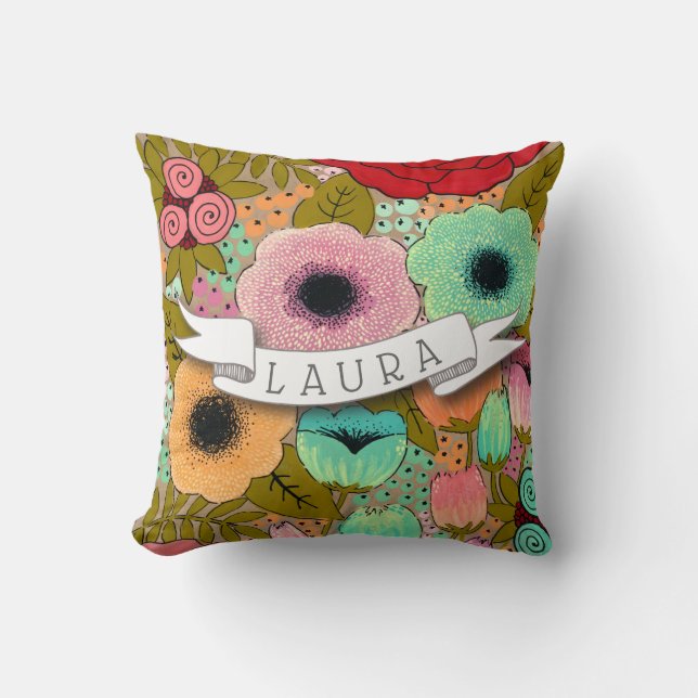 Personalised Name Make Up Designer Painted Floral Cushion (Front)