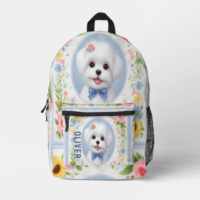 Personalised Name Maltese Puppy, Maltese Serenity Printed Backpack (Front)