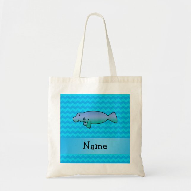 Personalised name manatee blue chevrons tote bag (Front)