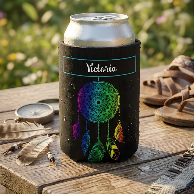 Personalised Name Mandala Rainbow Dreamcatcher Can Cooler (Creator Uploaded)