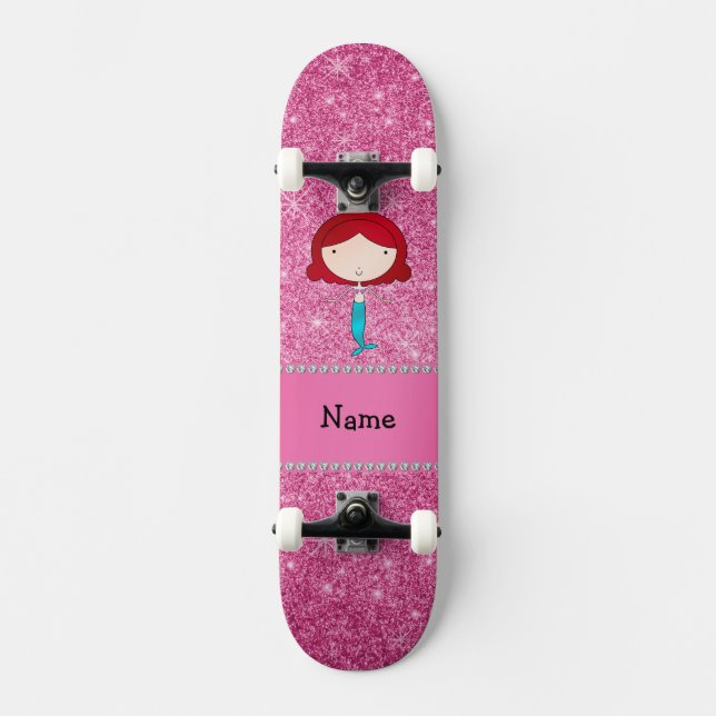 Personalised name mermaid pink glitter skateboard (Front)