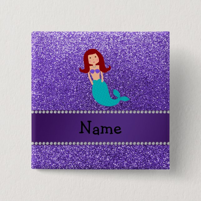 Personalised name mermaid purple glitter 15 cm square badge (Front)