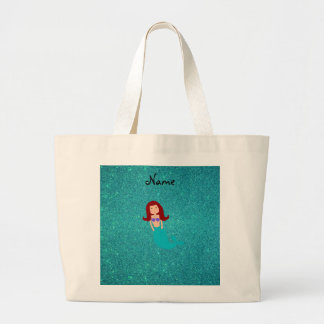 Personalised name mermaid turquoise glitter large tote bag