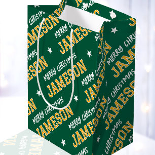 Personalised Name Merry Christmas Green Gold Medium Gift Bag