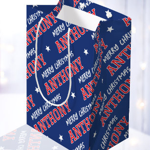 Personalised Name Merry Christmas Red Navy Blue Medium Gift Bag