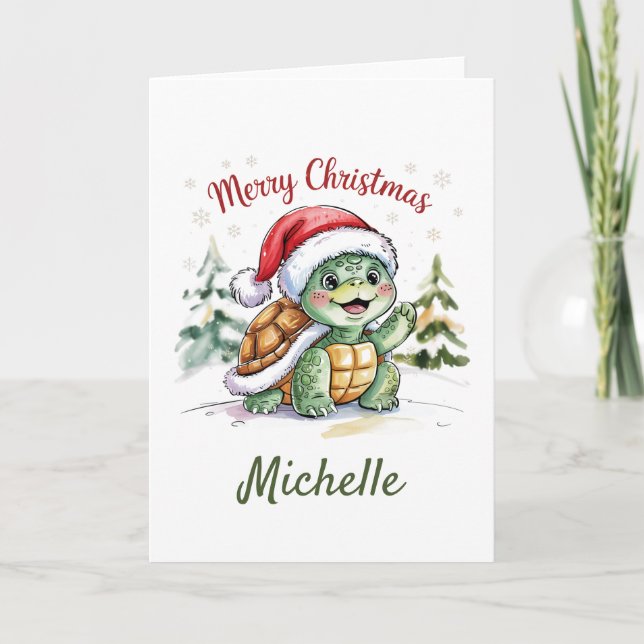 Personalised Name Merry Christmas Turtle in Santa  Card (Front)