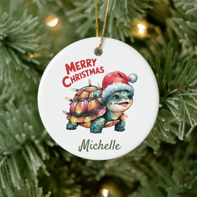 Personalised Name Merry Christmas Turtle in Santa  Ceramic Tree Decoration (Tree)