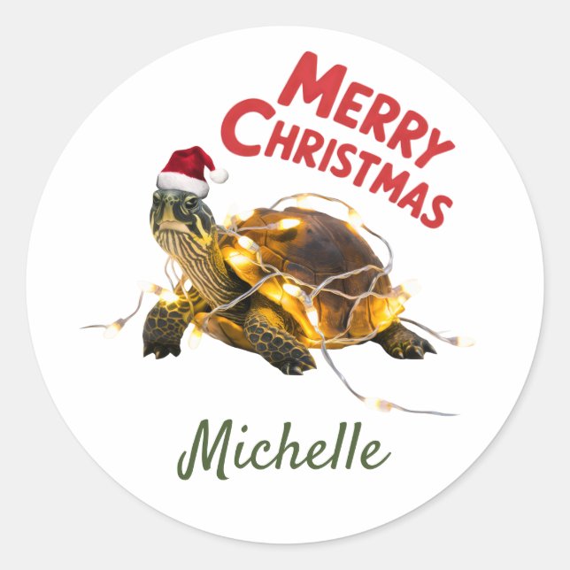 Personalised Name Merry Christmas Turtle in Santa  Classic Round Sticker (Front)