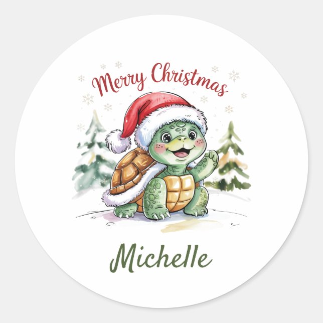 Personalised Name Merry Christmas Turtle in Santa  Classic Round Sticker (Front)