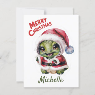 Personalised Name Merry Christmas Turtle in Santa  Postcard