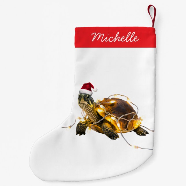 Personalised Name Merry Christmas Turtle in Santa  Small Christmas Stocking (Back)