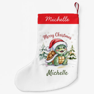 Personalised Name Merry Christmas Turtle in Santa  Small Christmas Stocking