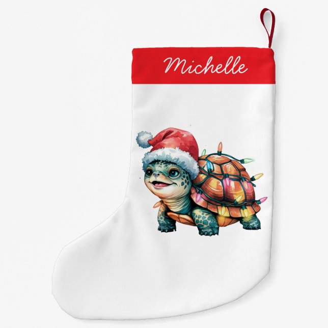 Personalised Name Merry Christmas Turtle in Santa  Small Christmas Stocking (Back)