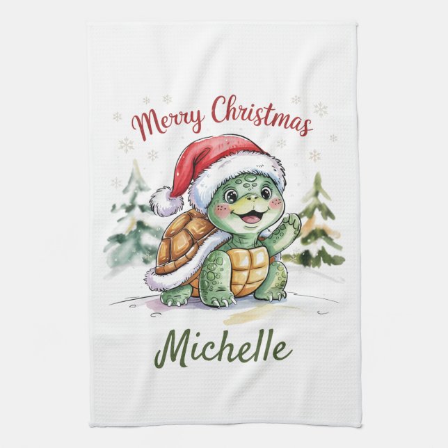Personalised Name Merry Christmas Turtle in Santa  Tea Towel (Vertical)