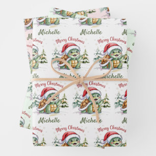 Personalised Name Merry Christmas Turtle in Santa  Wrapping Paper Sheet