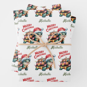 Personalised Name Merry Christmas Turtle in Santa  Wrapping Paper Sheet