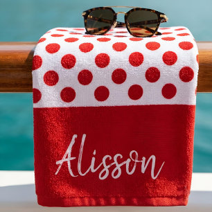  Personalised Name Minimalist Red Polka Dots Beach Towel