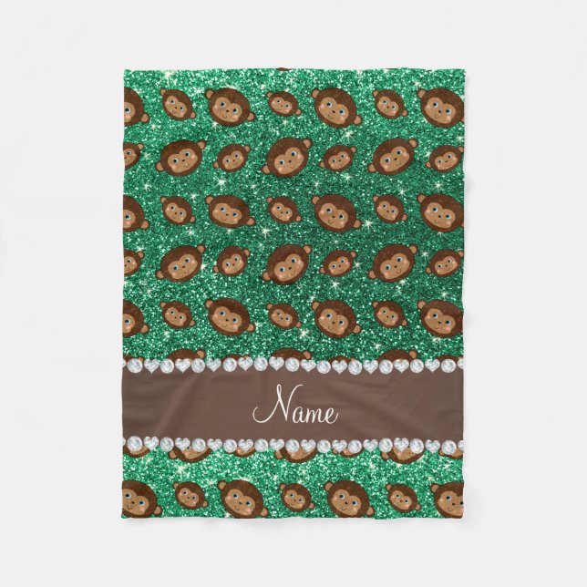 Personalised name mint green glitter monkeys fleece blanket (Front)