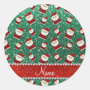 Personalised name mint green glitter santas classic round sticker