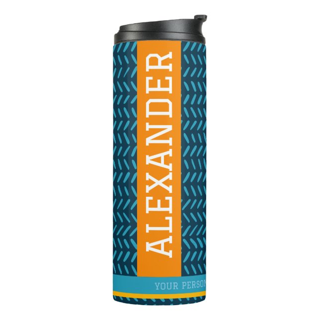 Personalised Name Modern Blue & Orange Pattern  Thermal Tumbler (Rotated Left)