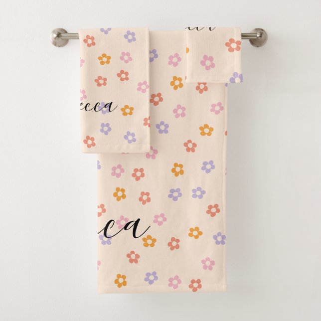 Personalised Name Modern Coloured Daisy Pattern Bath Towel Set (Insitu)