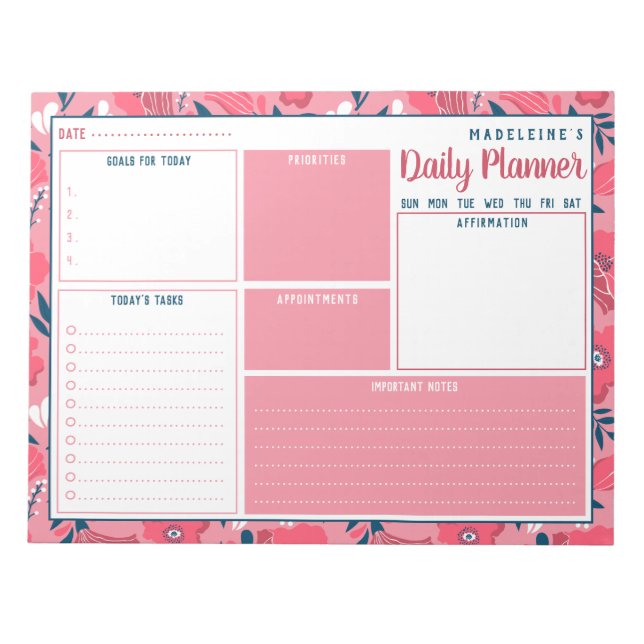 Personalised Name Modern Floral Daily Planner Notepad (Front)