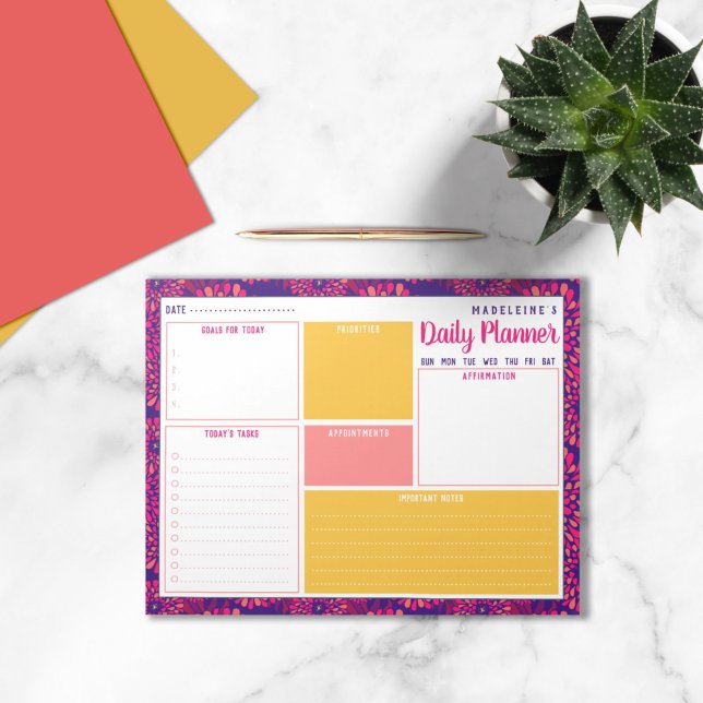 Personalised Name Modern Floral Navy Daily Planner Notepad (Creator Uploaded)
