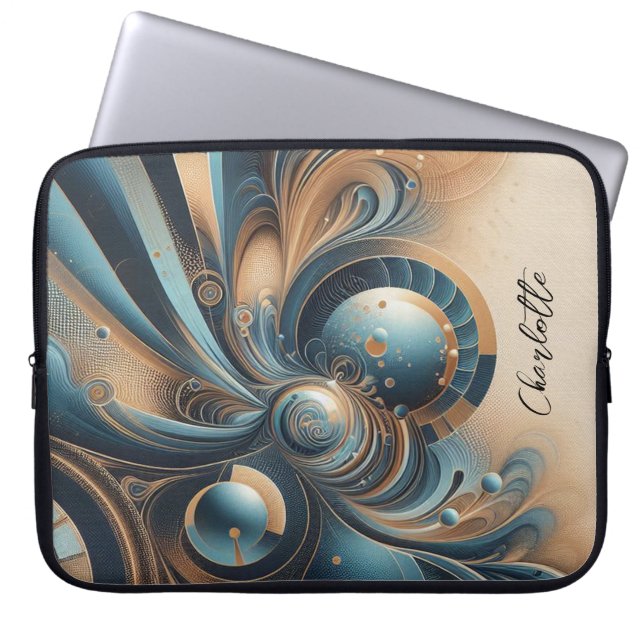 Personalised Name Modern Fractal Blue Gold Chic Laptop Sleeve (Front)