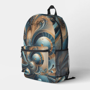 Personalised Name Modern Fractal Blue Gold Chic Printed Backpack