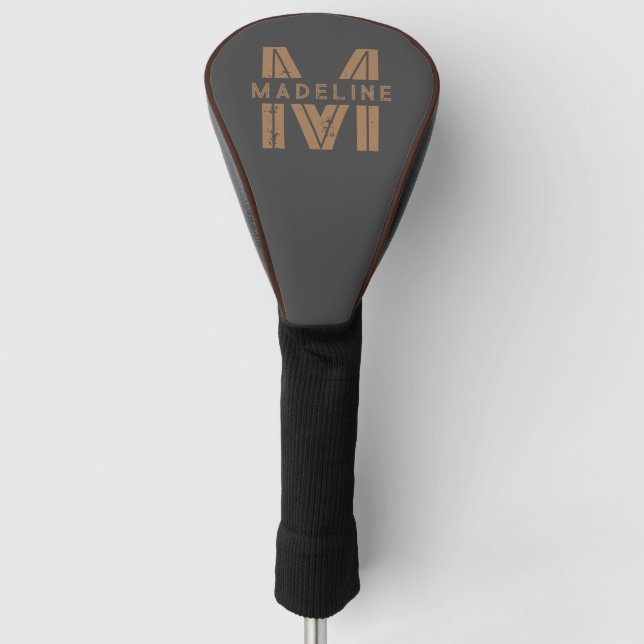 Personalised Name Modern Retro Black Monogram Golf Head Cover (Front)